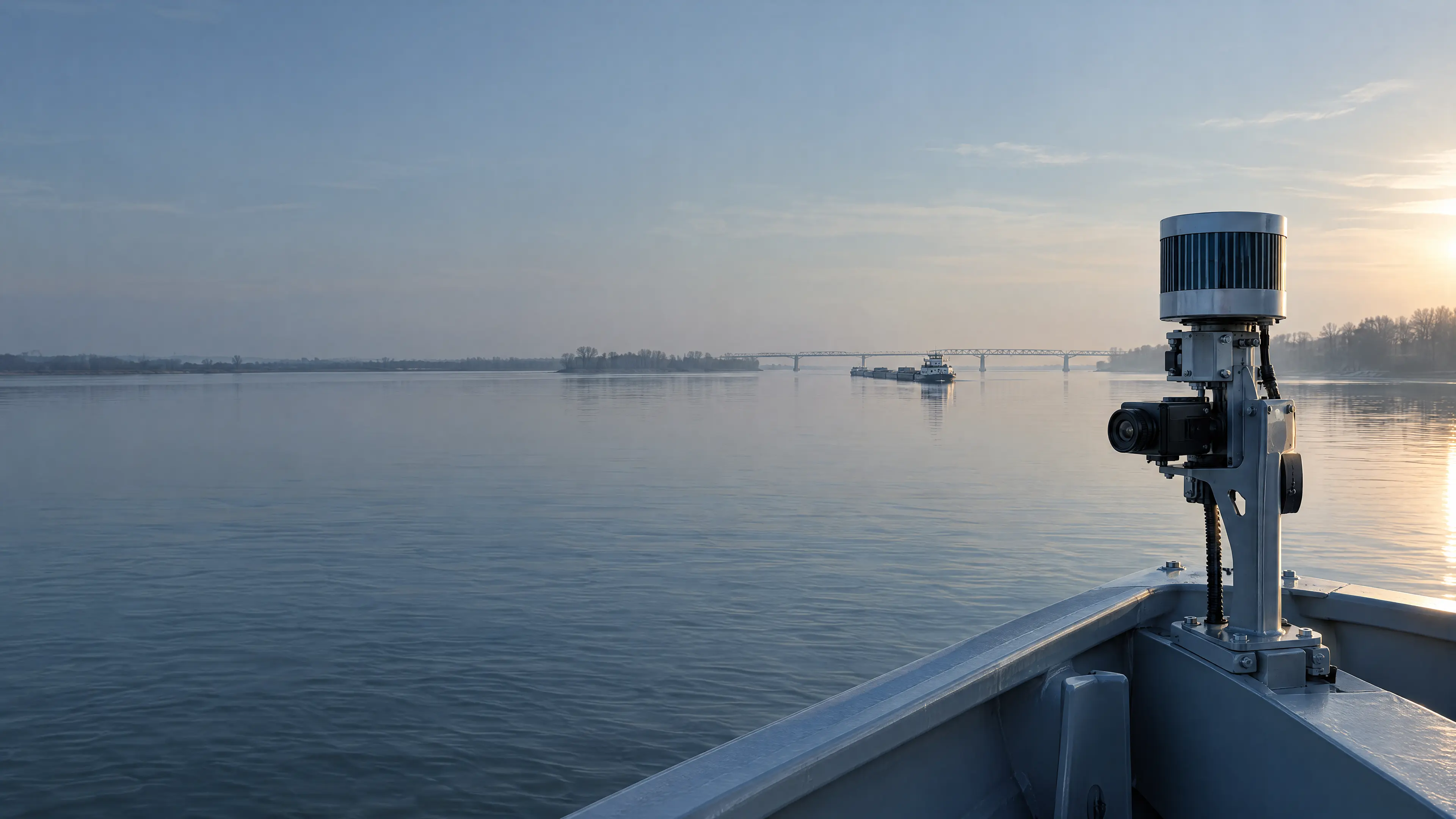 Generated photograph from the bow of an inland cargo vessel on a calm river in morning light.
