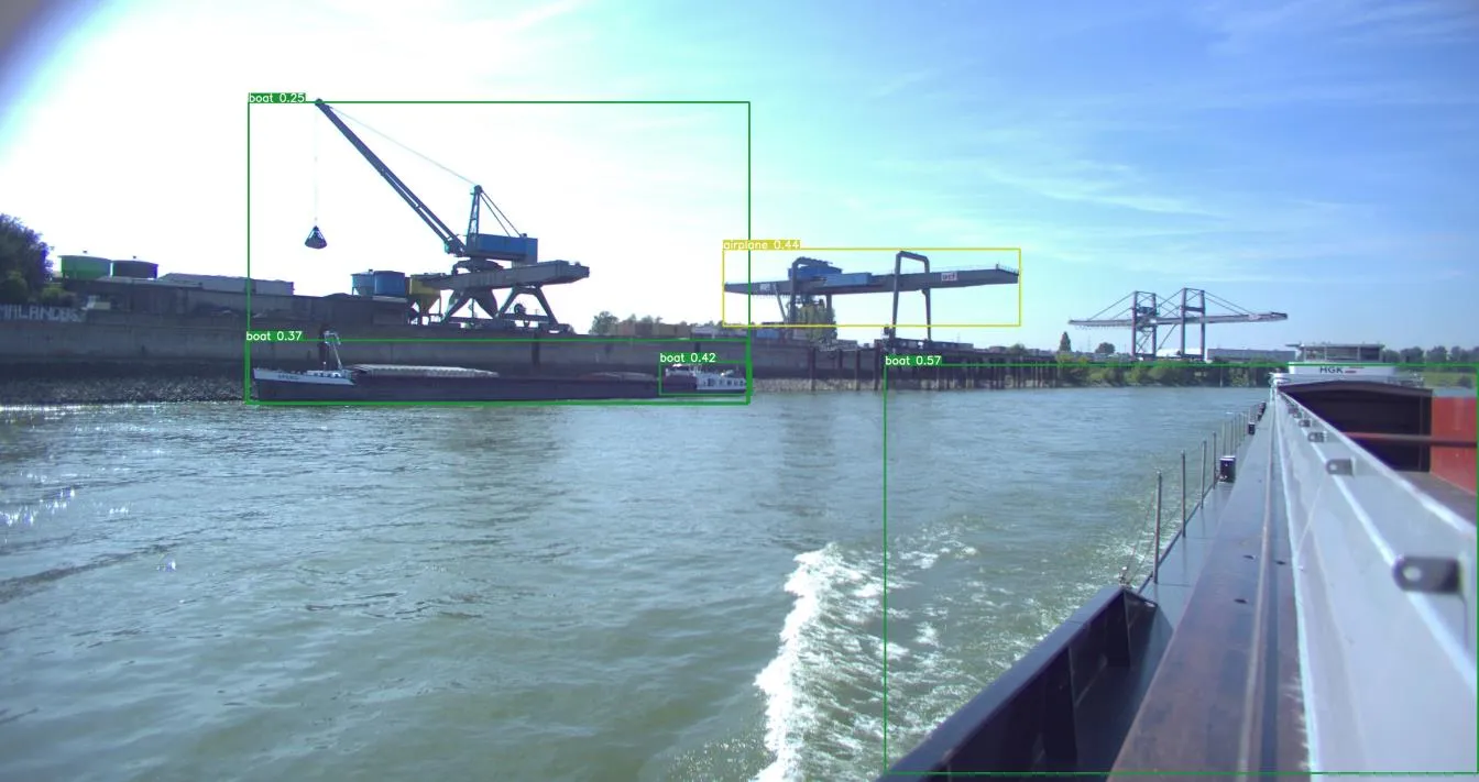 River port frame with yellow airplane 0.44 box on a gantry crane and four green boat boxes.