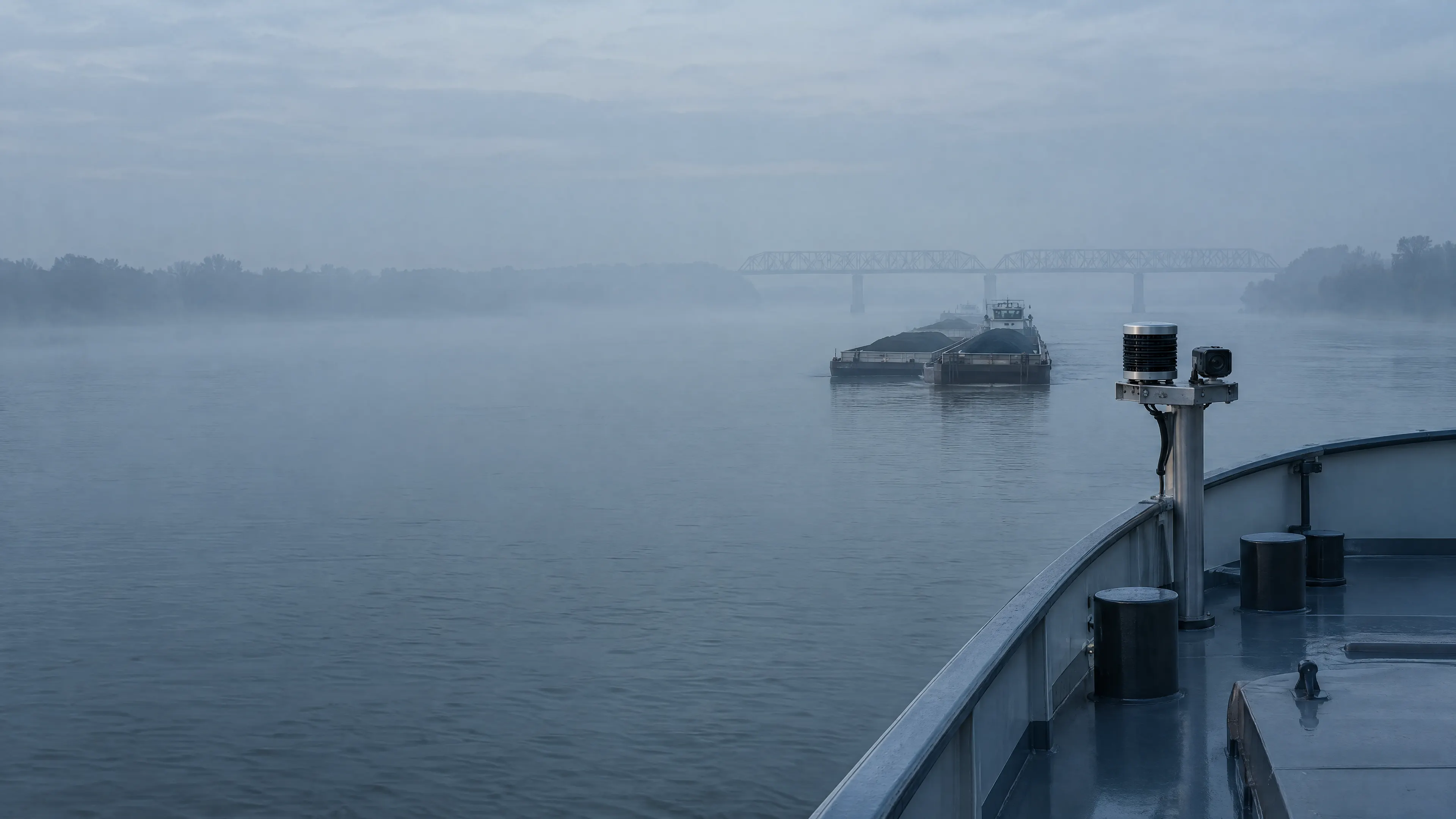 Generated dawn view from an inland vessel bow in river mist, with bow sensor and target detection overlays.